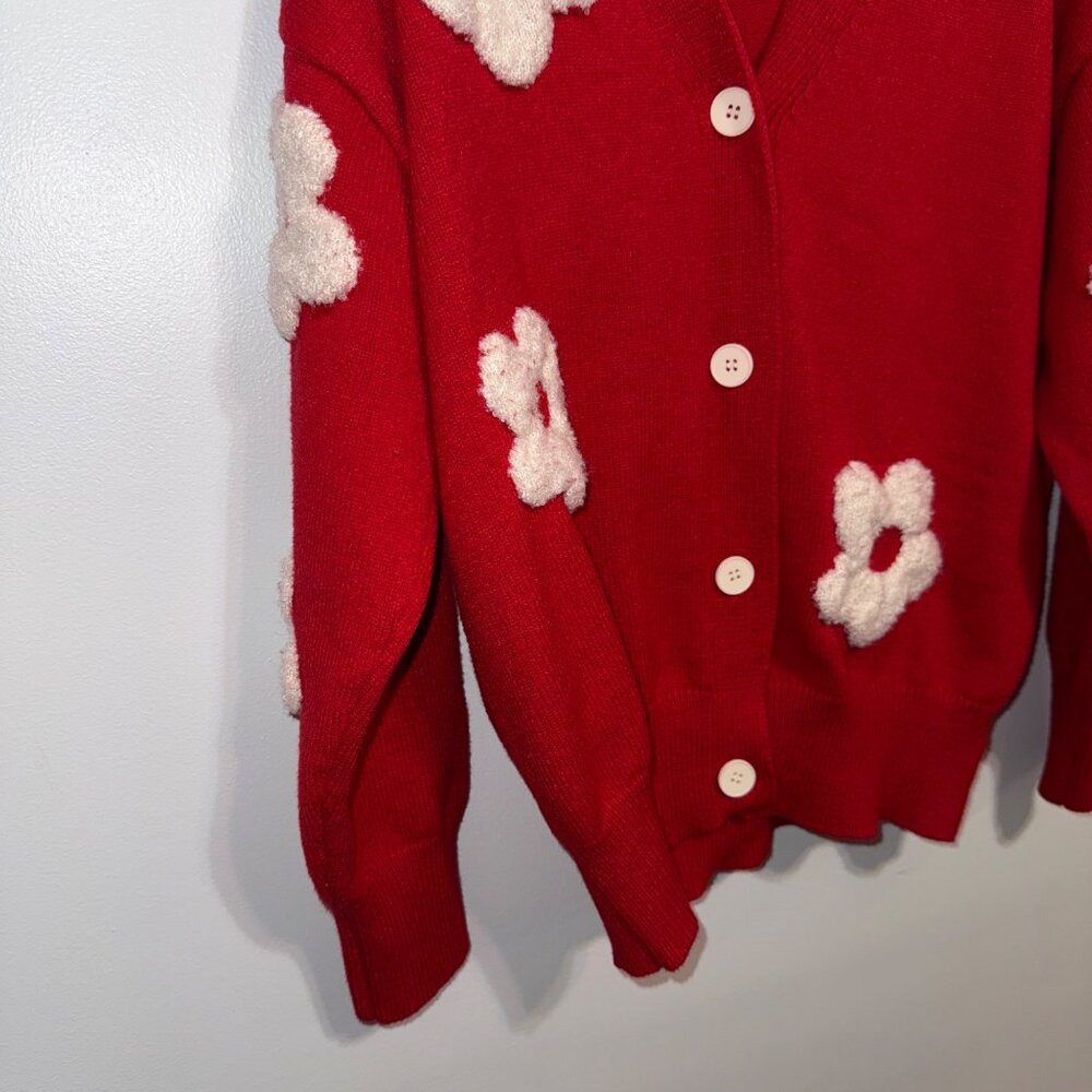 Red Button-Up Cardigan With White 3D Floral Design By Cider Long Sleeves Size M - Picture 4 of 6